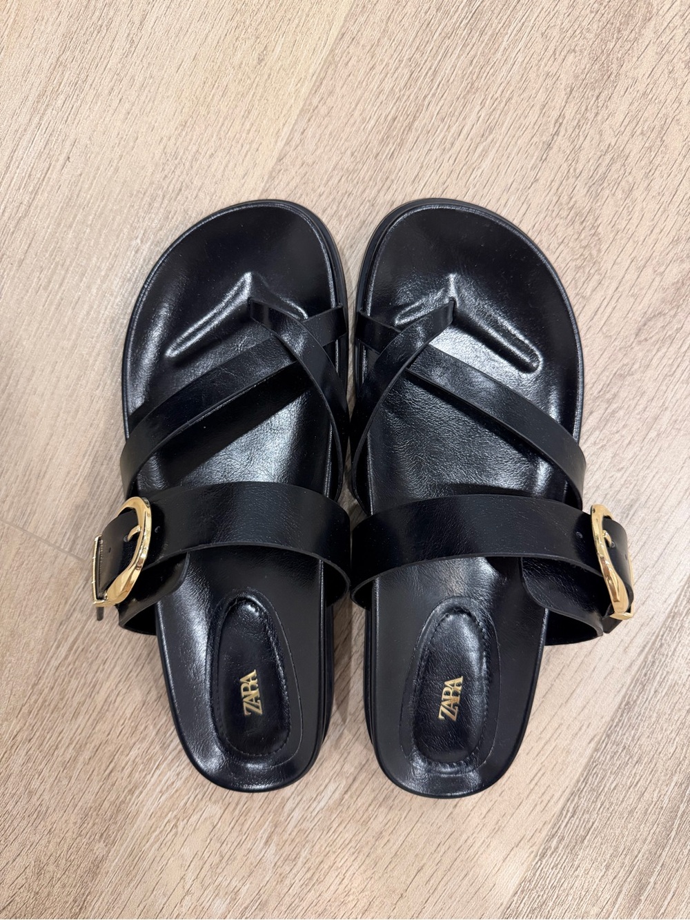 Zara Black Leather Slide Sandals with Gold Buckle, Size 38/7.5